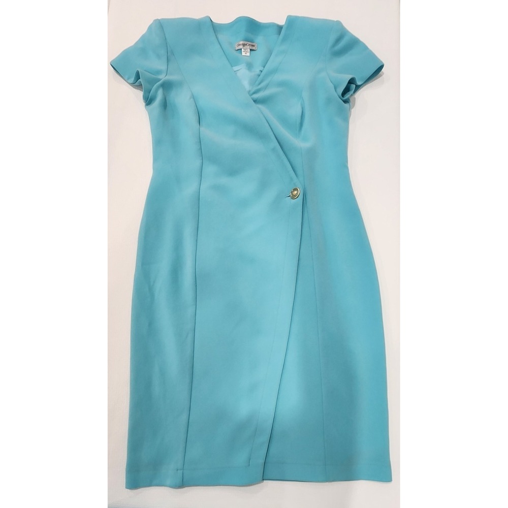 Vintage 1980-90s George Gross Dress  Sz10  Australian designer Teal Faux-wrap